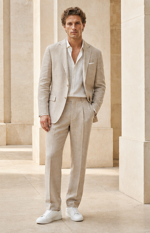 Modern smart casual outfit with relaxed tailoring and clean neutral colors